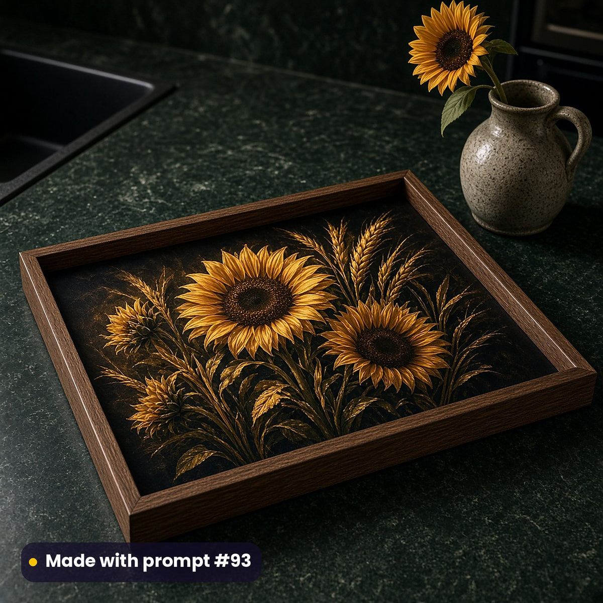 Oak tray printed with dark luxury golden sunflowers and wheat on near-black, on a dark green counter beside a jug with one sunflower, made with prompt #93