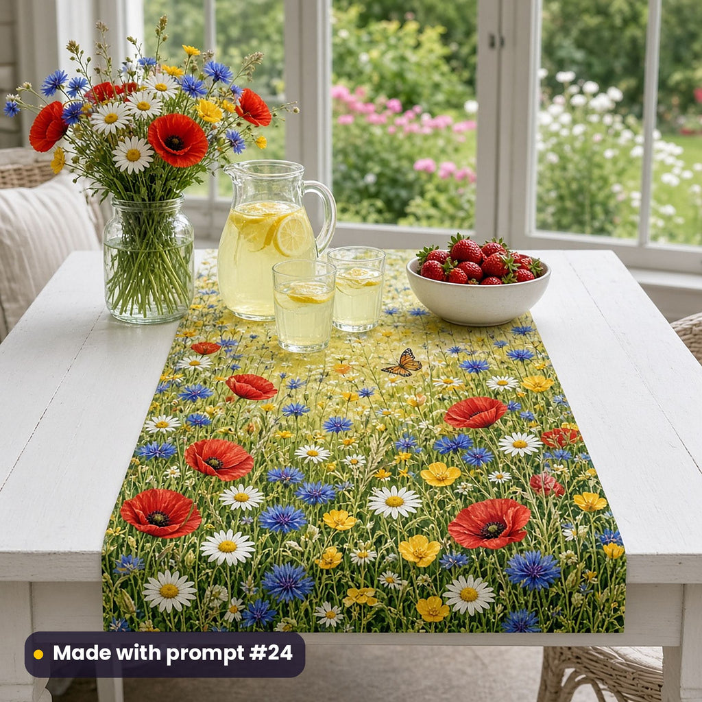 Table runner printed with a wildflower meadow of poppies, daisies, cornflowers and buttercups, on a white garden-room table with wildflowers, lemonade and strawberries, made with prompt #24