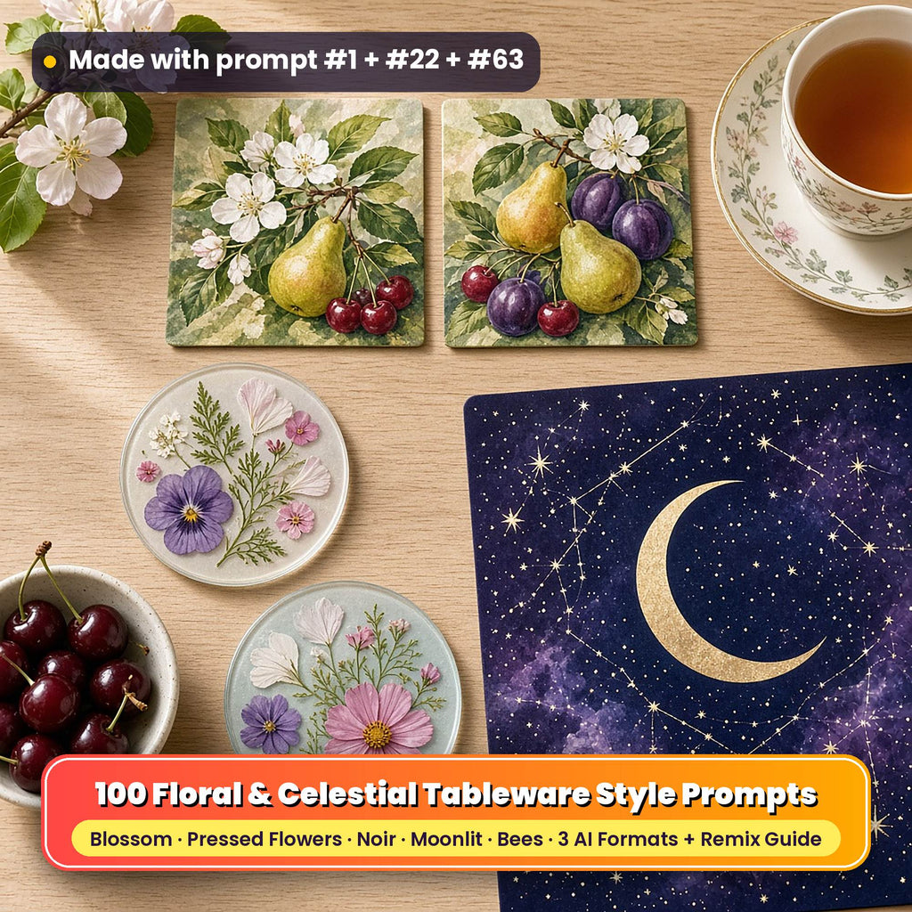 Floral and celestial style tableware on a pale oak table: square coasters printed with apple and cherry blossom with ripening fruit, round coasters printed with pressed flowers and leaves on cream, and a placemat printed with a crescent moon, stars and midnight blue sky, beside tea and fruit, made with prompt #1 + #22 + #63