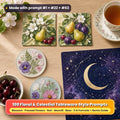 Floral and celestial style tableware on a pale oak table: square coasters printed with apple and cherry blossom with ripening fruit, round coasters printed with pressed flowers and leaves on cream, and a placemat printed with a crescent moon, stars and midnight blue sky, beside tea and fruit, made with prompt #1 + #22 + #63