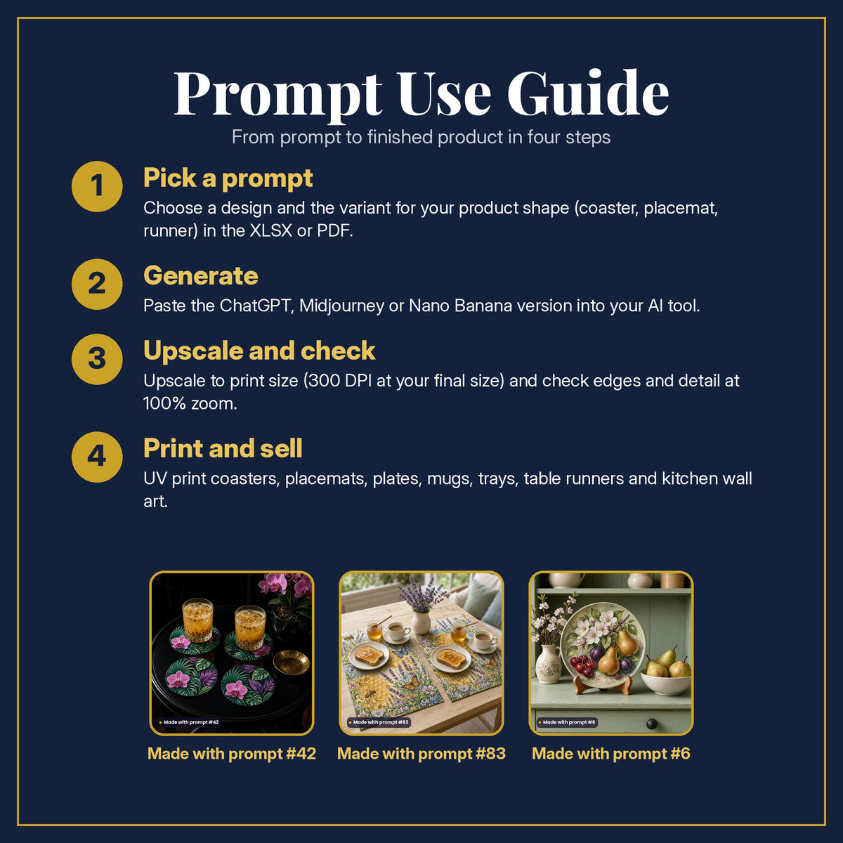 Prompt Use Guide in four steps: pick a prompt, generate, upscale and check, print and sell, with example products made with prompt #42, prompt #83, prompt #6