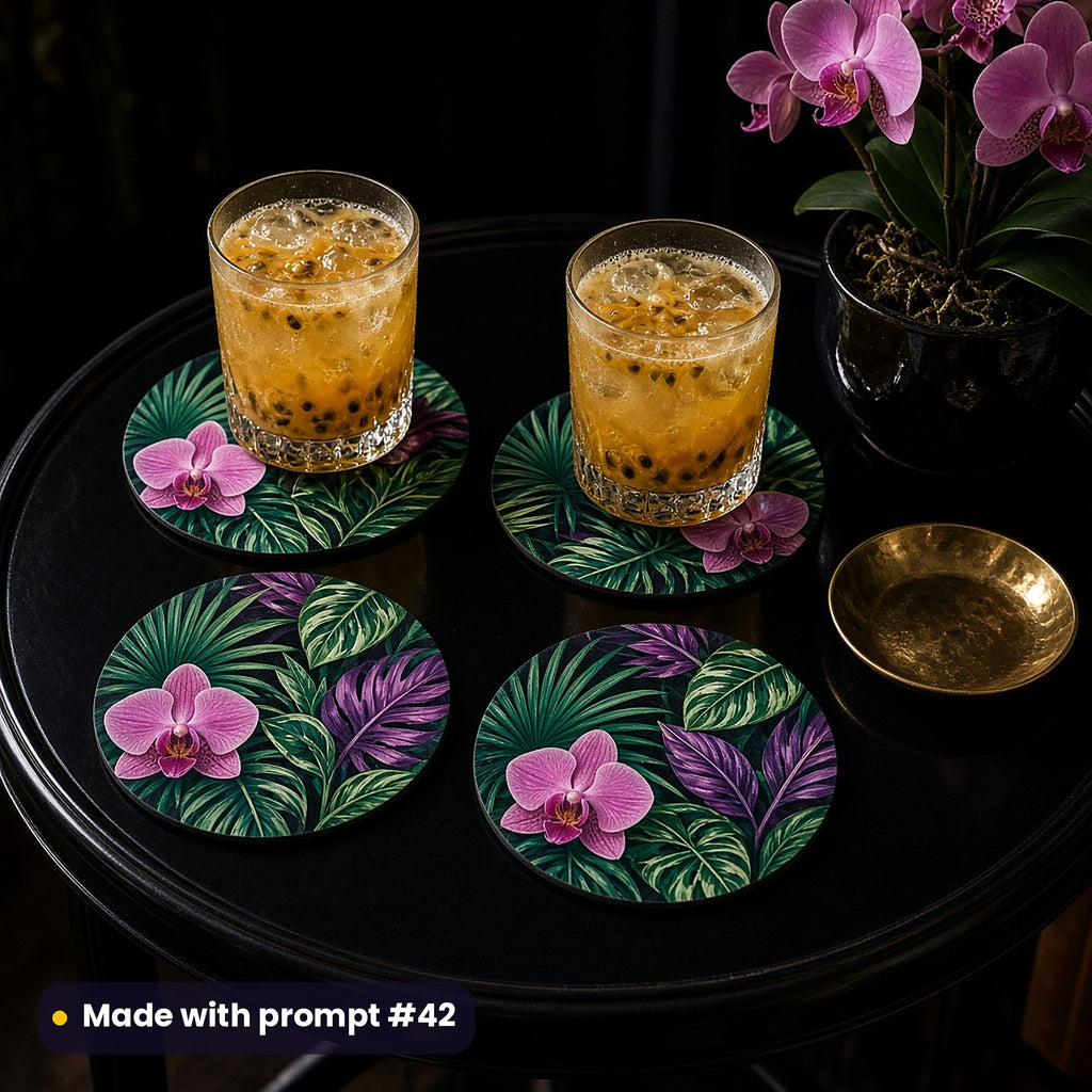 Four round coasters printed with lush tropical leaves and exotic flowers on near-black, with an iced drink and a palm plant on a dark wood table, made with prompt #42