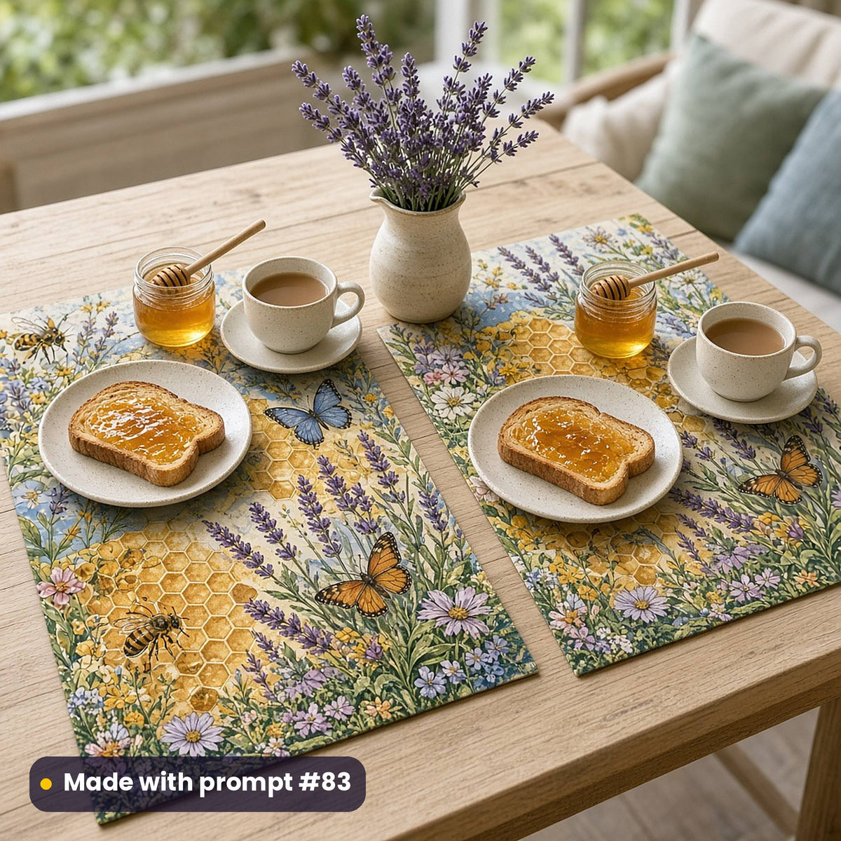 Two placemats printed with bees, butterflies and pollinator flowers, set with honey, bread and tea on a sunny garden-room table, made with prompt #83