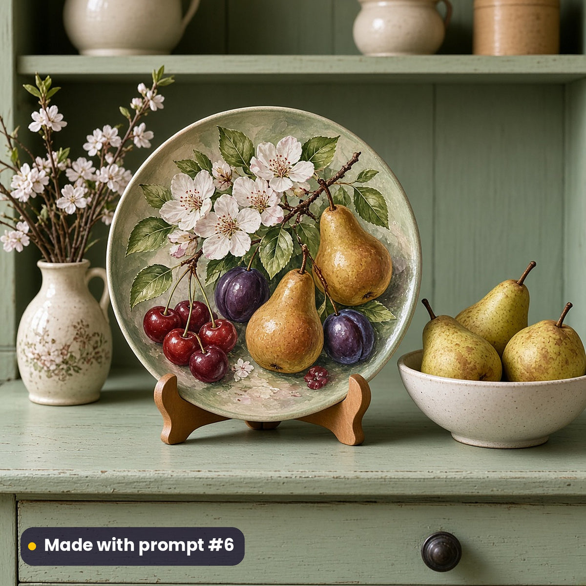 Round plate painted with orchard blossom, apples and pears, on a stand on a kitchen shelf beside fresh fruit, made with prompt #6