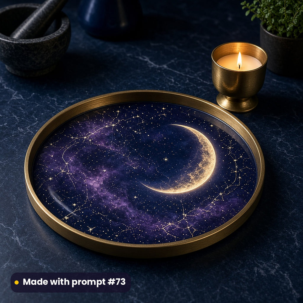 Round tray printed with a dark luxury moonlit sky of crescent moon and stars with gold highlights, on a dark counter beside candles, made with prompt #73