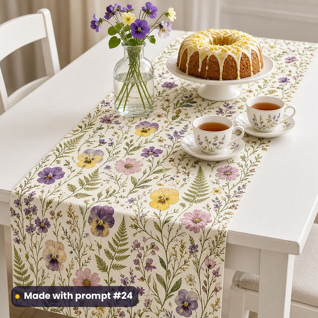 Table runner printed with pressed flowers and leaves in keepsake style, on a dining table set with teacups and a vase of garden flowers, made with prompt #24