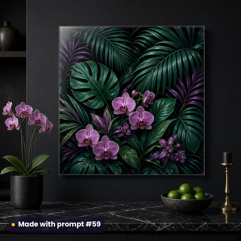 Wall art of a full scenic tropical botanical noir composition of dark leaves and exotic blooms, on a dining-room wall above a sideboard, made with prompt #59