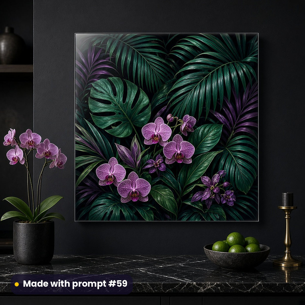 Wall art of a full scenic tropical botanical noir composition of dark leaves and exotic blooms, on a dining-room wall above a sideboard, made with prompt #59