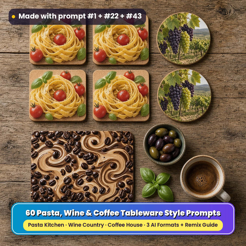 Food style tableware on a rustic table: square coasters printed with tagliatelle nests, cherry tomatoes and basil, round coasters printed with a vineyard and grape bunches, and a placemat printed with coffee beans and latte swirls, beside espresso, olives and basil, made with prompt #1 + #22 + #43
