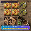 Food style tableware on a rustic table: square coasters printed with tagliatelle nests, cherry tomatoes and basil, round coasters printed with a vineyard and grape bunches, and a placemat printed with coffee beans and latte swirls, beside espresso, olives and basil, made with prompt #1 + #22 + #43