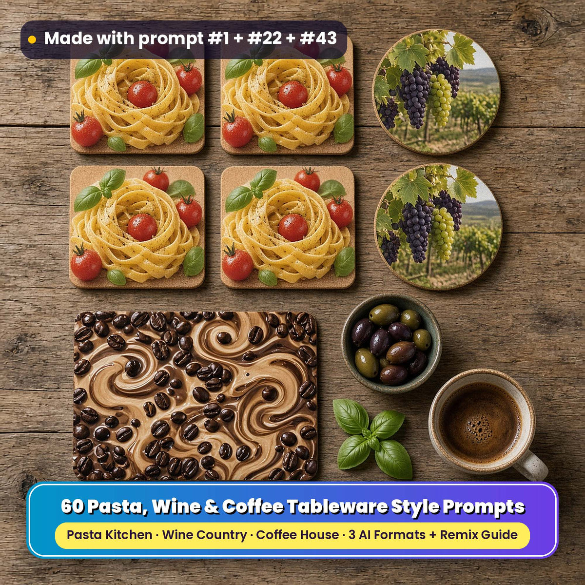 Food style tableware on a rustic table: square coasters printed with tagliatelle nests, cherry tomatoes and basil, round coasters printed with a vineyard and grape bunches, and a placemat printed with coffee beans and latte swirls, beside espresso, olives and basil, made with prompt #1 + #22 + #43