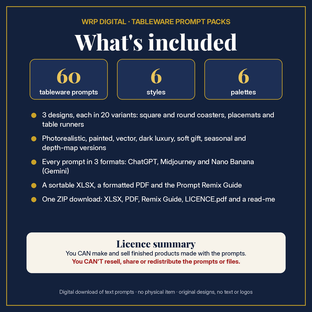 What's included: 60 tableware prompts, 6 styles, 6 palettes, 3 designs in 20 variants for coasters, placemats and table runners, 3 formats, XLSX and PDF, Prompt Remix Guide, ZIP, and a licence summary