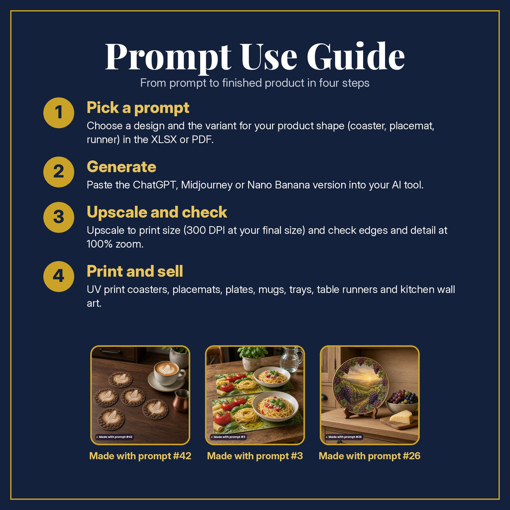 Prompt Use Guide in four steps: pick a prompt, generate, upscale and check, print and sell, with example products made with prompt #42, prompt #3, prompt #26
