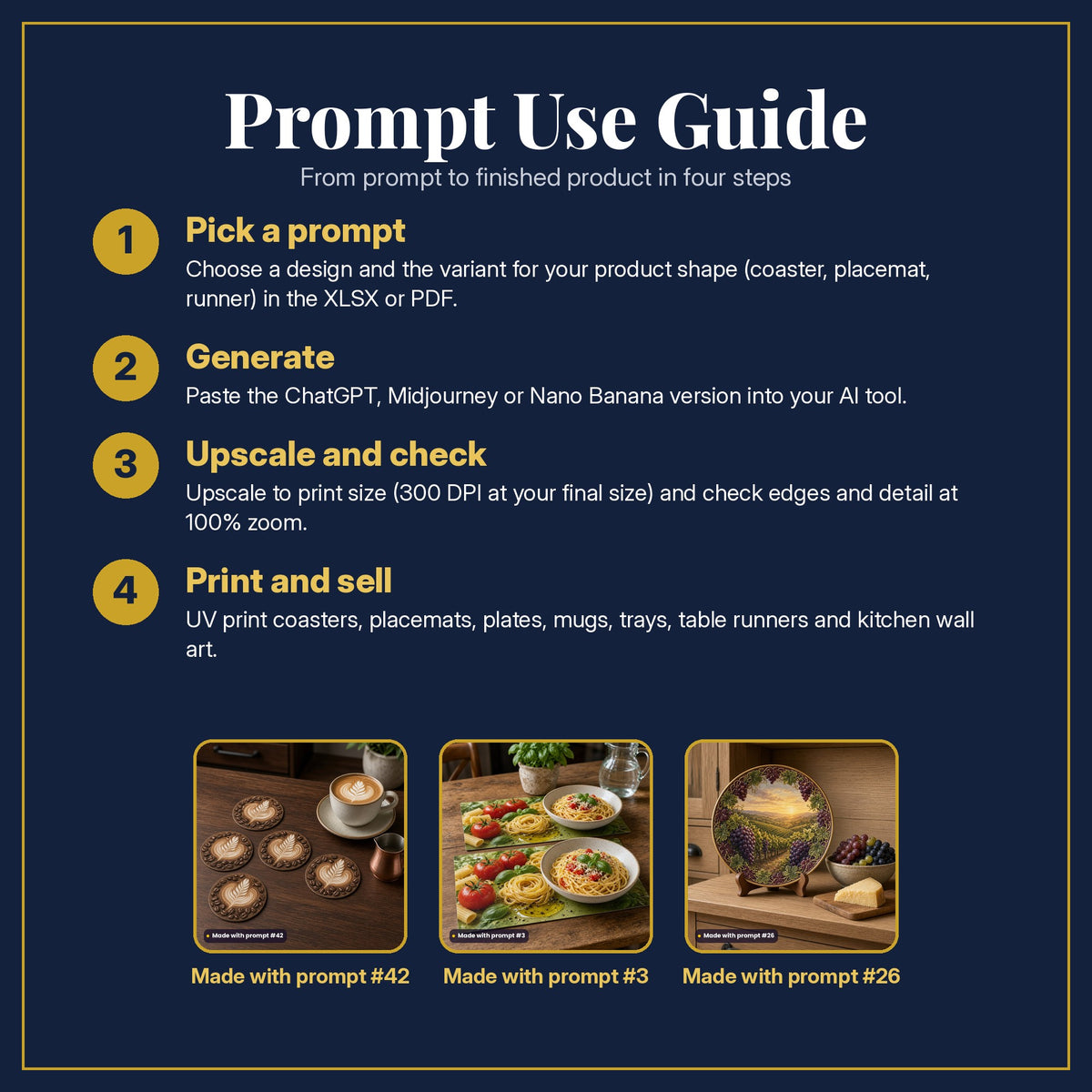 Prompt Use Guide in four steps: pick a prompt, generate, upscale and check, print and sell, with example products made with prompt #42, prompt #3, prompt #26