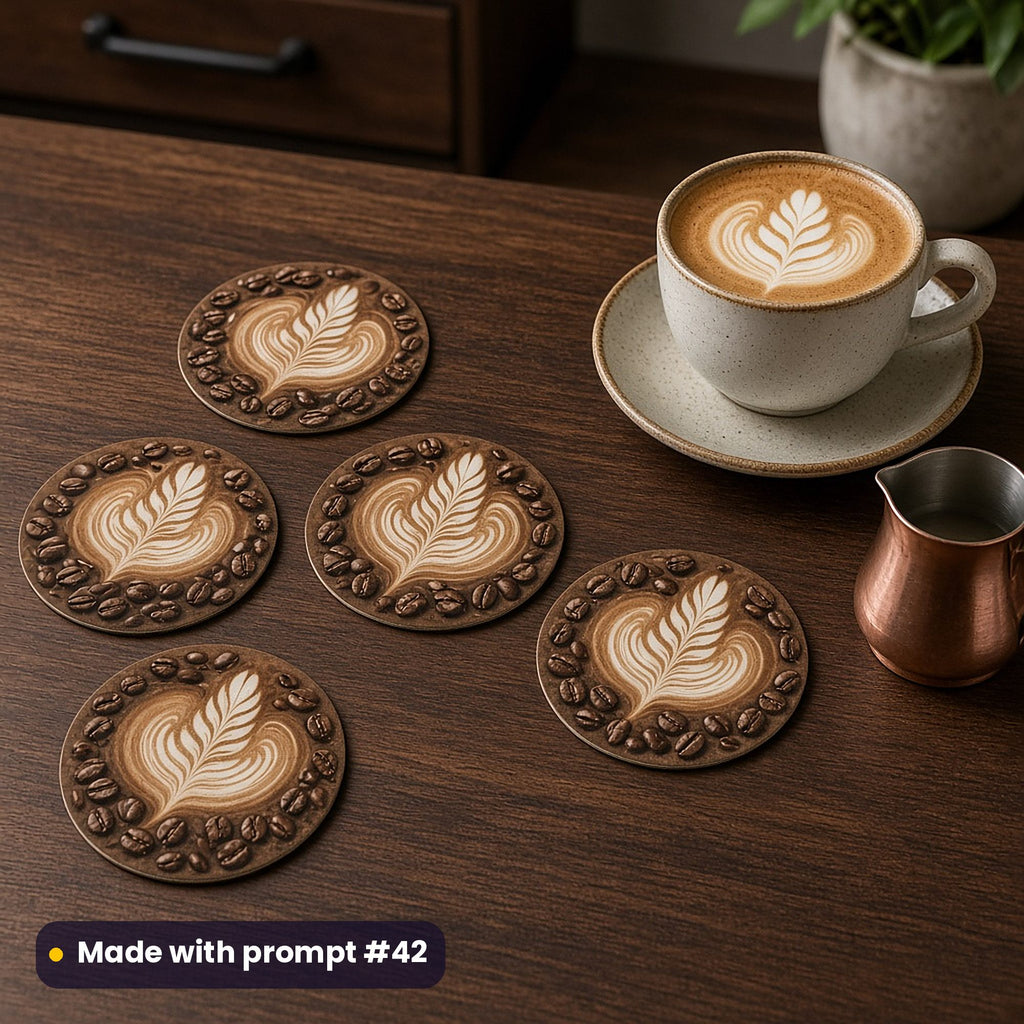 Round coasters printed with coffee beans and latte-art rosettas on espresso brown, beside a cappuccino and a copper milk jug on a walnut counter, made with prompt #42