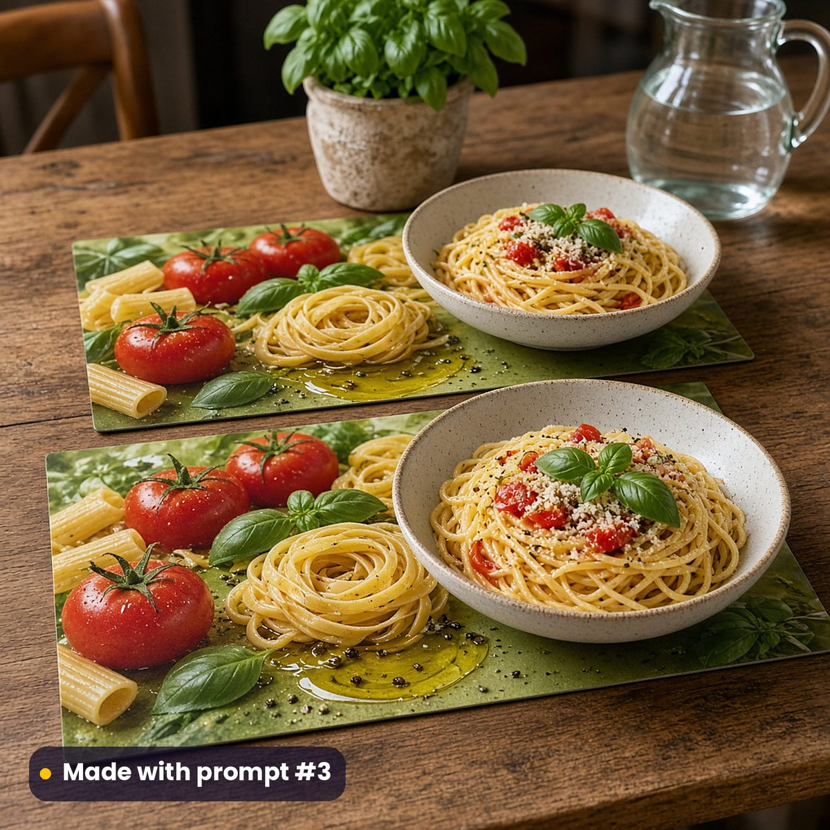 Two placemats printed with fresh pasta, tomatoes, basil and olive oil, set with bowls of spaghetti, a basil pot and a water jug on a farmhouse table, made with prompt #3