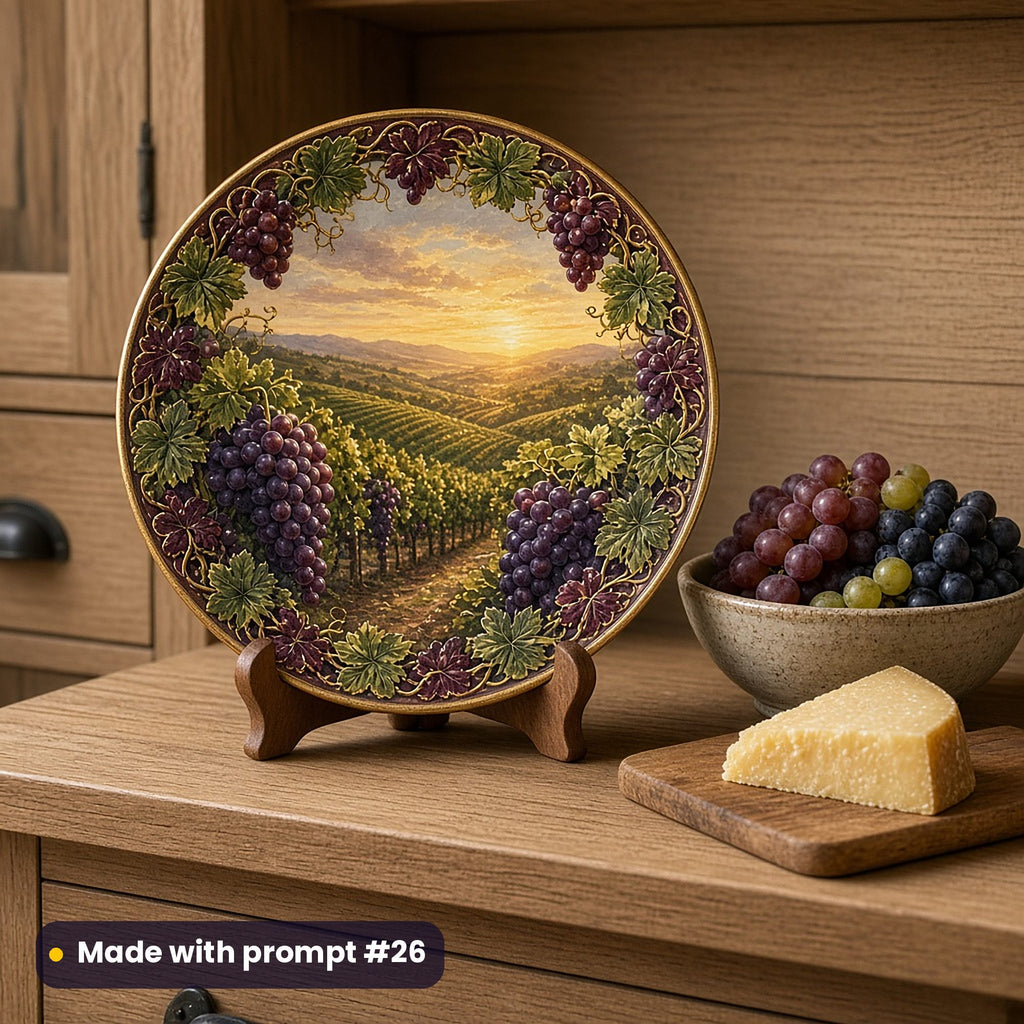 Round plate painted with a golden-hour vineyard framed by grapes and vine leaves, on a stand on an oak dresser beside grapes and cheese, made with prompt #26