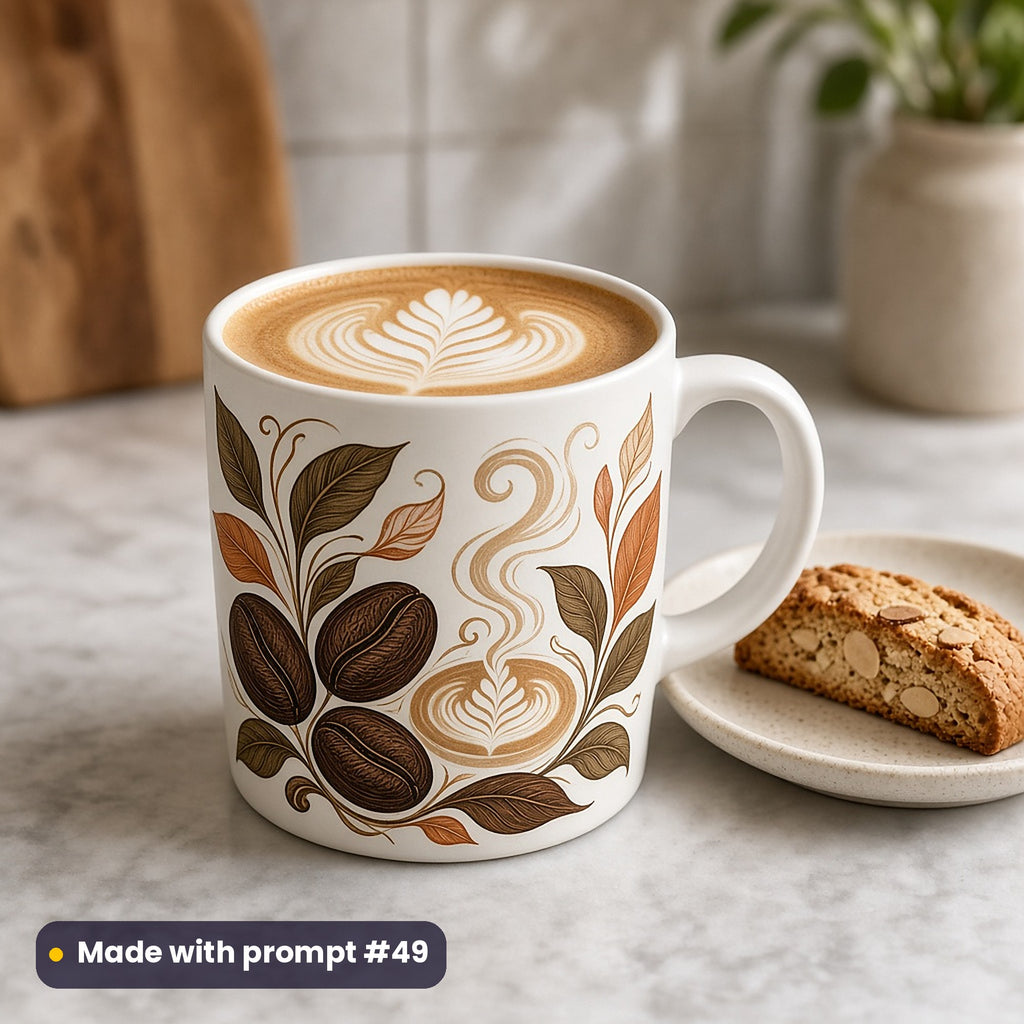 White mug with a premium vector design of coffee beans, leaves and a latte-art rosetta, holding a flat white beside biscotti, made with prompt #49