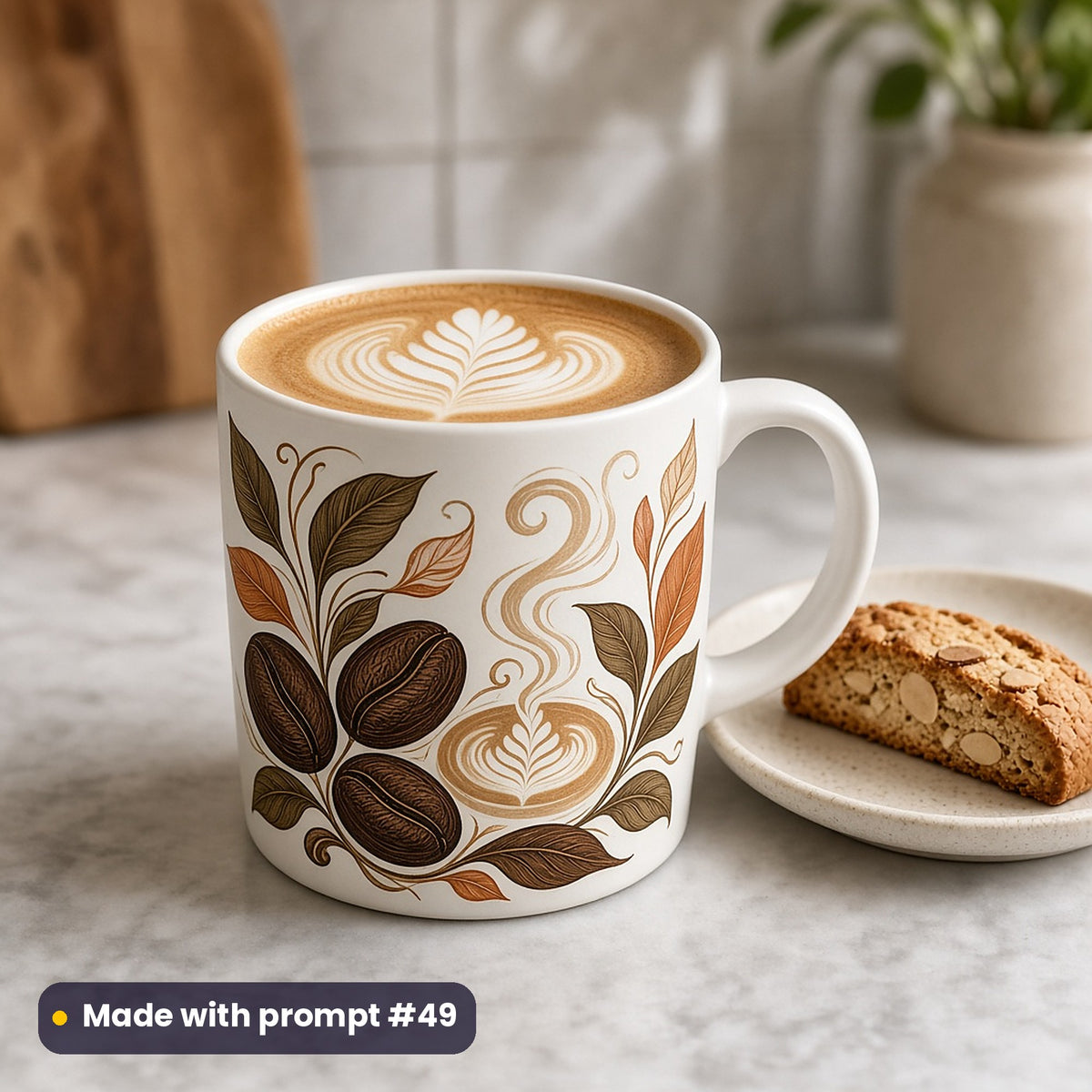 White mug with a premium vector design of coffee beans, leaves and a latte-art rosetta, holding a flat white beside biscotti, made with prompt #49