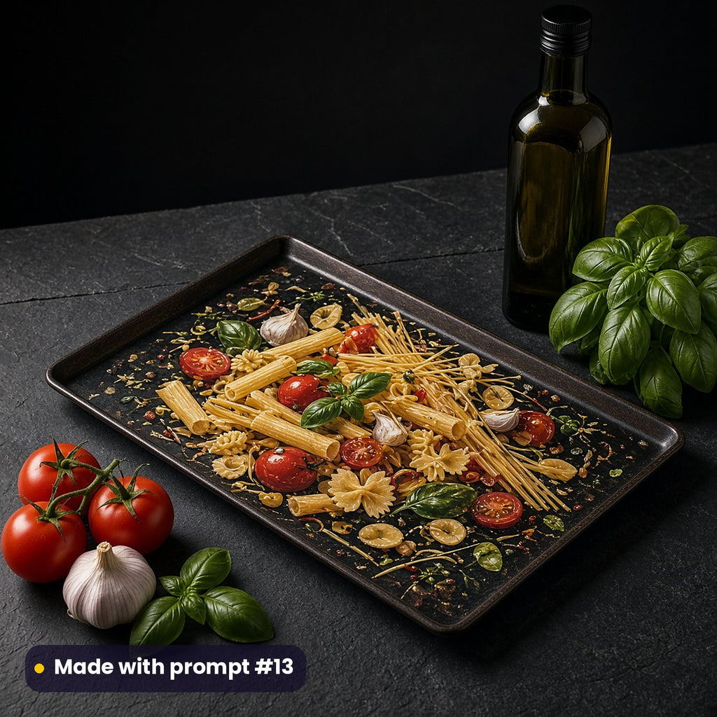 Tray printed with a dark luxury still life of pasta, tomatoes, basil and garlic on near-black, on a slate counter beside olive oil and basil, made with prompt #13