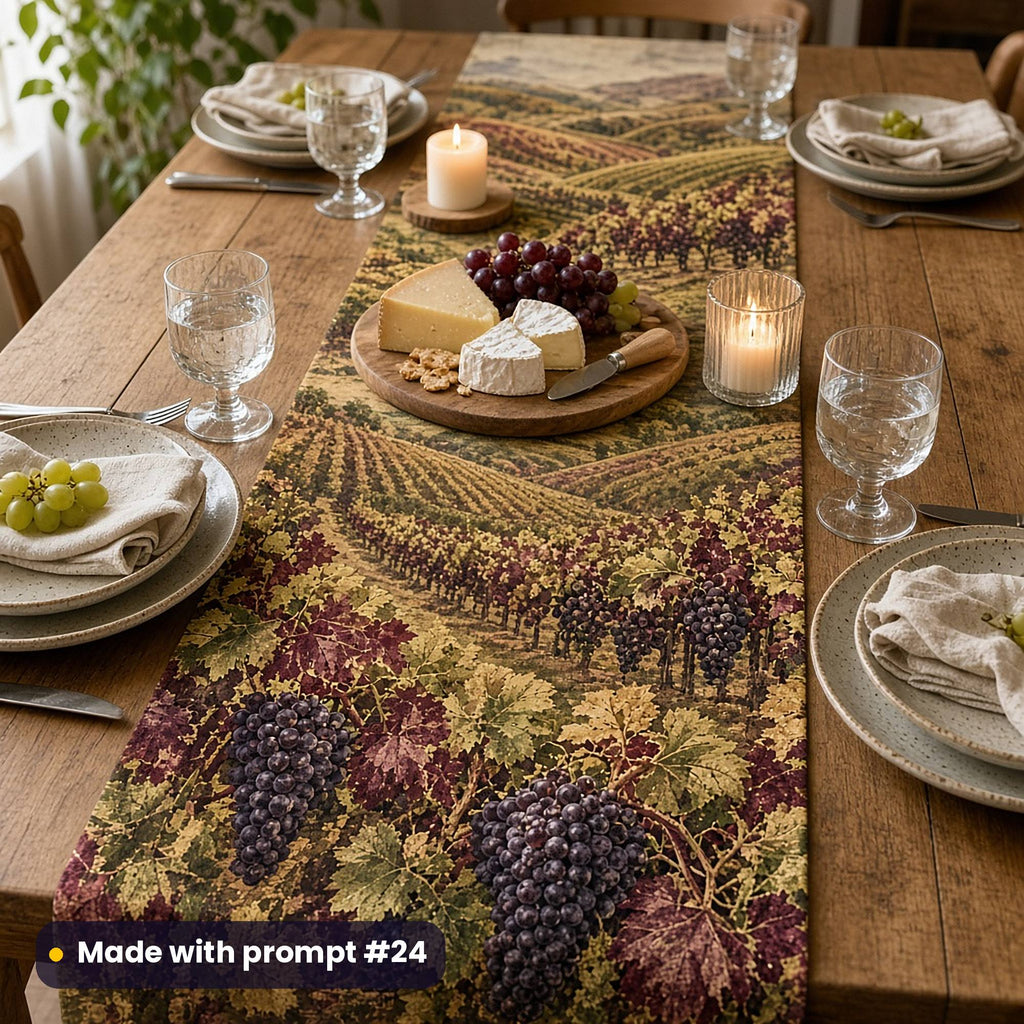 Table runner printed with a panoramic vineyard of vine rows and grape bunches, on an oak supper table with a cheese board, water glasses and candles, made with prompt #24