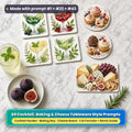 Food style tableware on a marble table: square coasters printed with botanical cocktail glasses, herbs and citrus, round coasters printed with iced cupcakes and pastries, and a placemat printed with artisan cheeses, figs, grapes and crackers, beside mint lemonade and figs, made with prompt #1 + #22 + #43