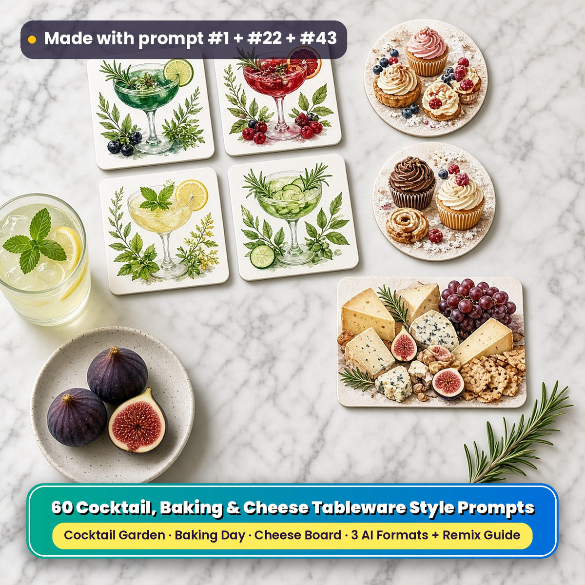 Food style tableware on a marble table: square coasters printed with botanical cocktail glasses, herbs and citrus, round coasters printed with iced cupcakes and pastries, and a placemat printed with artisan cheeses, figs, grapes and crackers, beside mint lemonade and figs, made with prompt #1 + #22 + #43