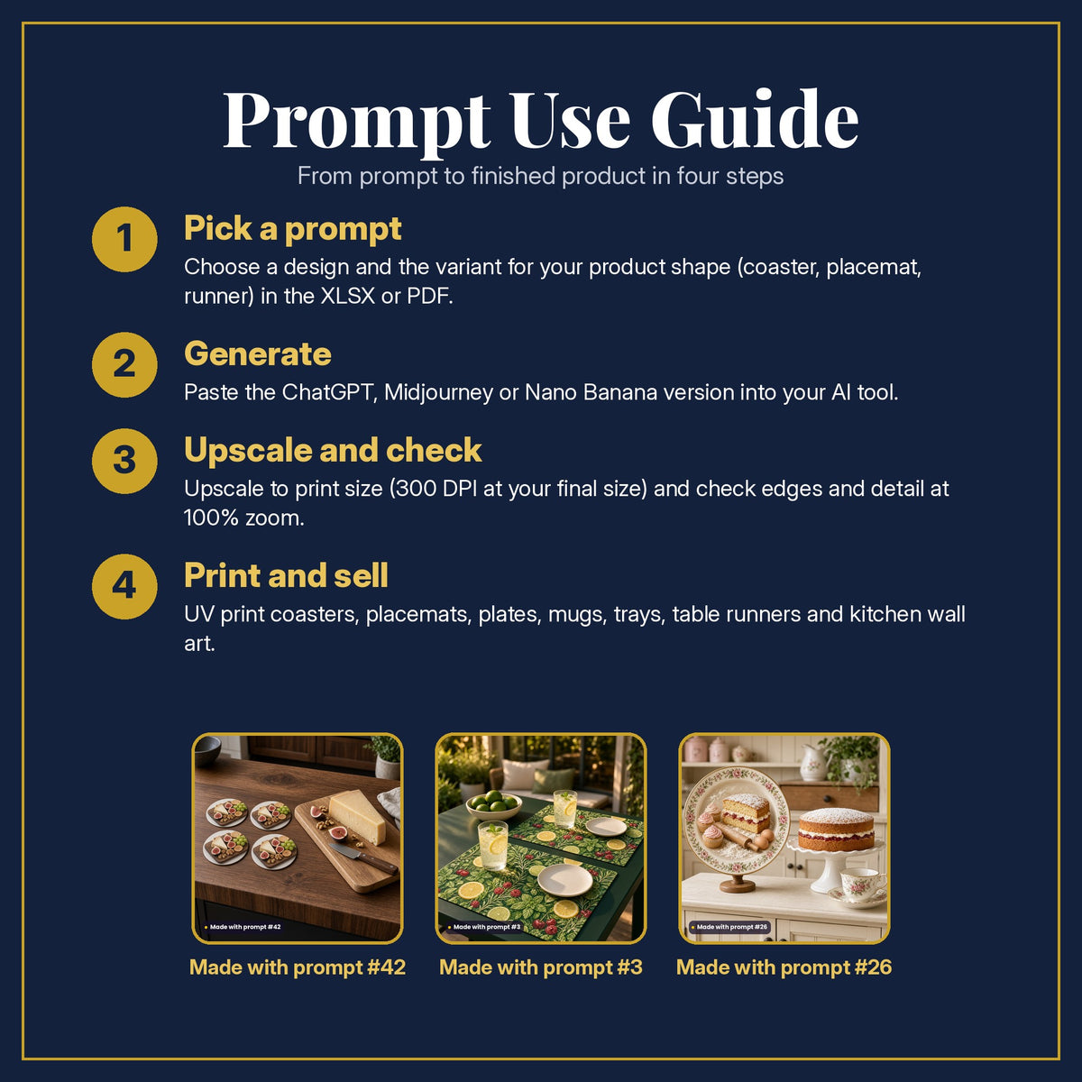 Prompt Use Guide in four steps: pick a prompt, generate, upscale and check, print and sell, with example products made with prompt #42, prompt #3, prompt #26