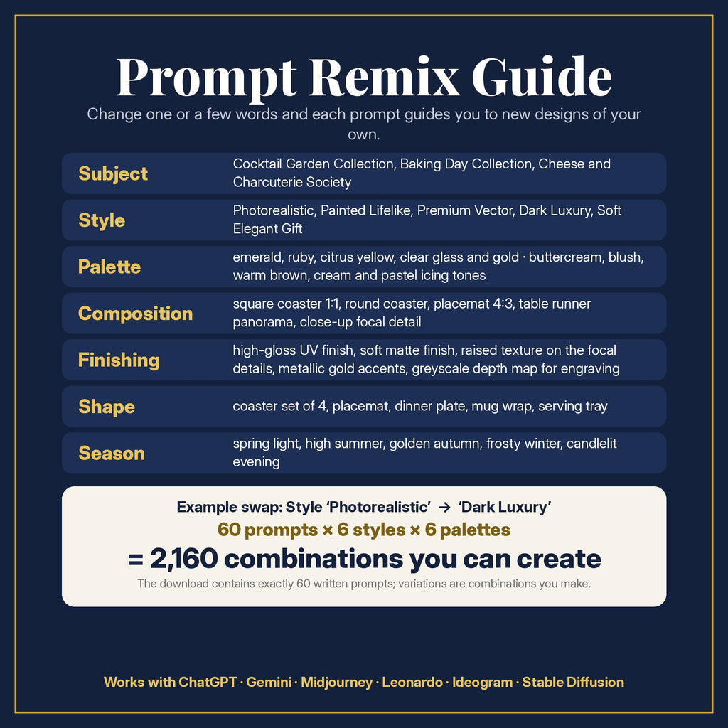 Prompt Remix Guide: change subject, style, palette, composition, finishing, shape and season; 60 prompts × 6 styles × 6 palettes = 2,160 combinations you can create