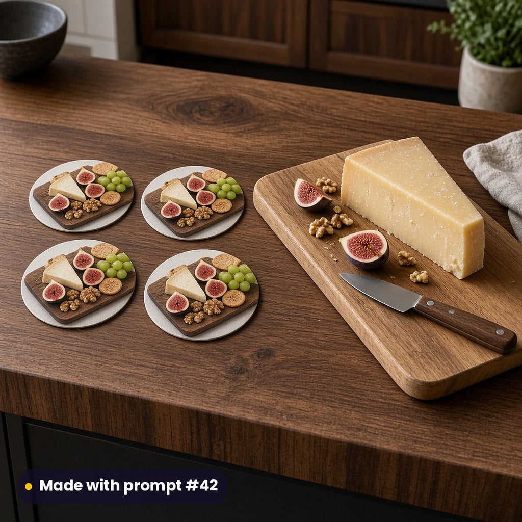 Four round coasters printed with a cheese board of cheese wedges, figs, grapes and walnuts, beside a real cheese board and knife on a walnut island, made with prompt #42