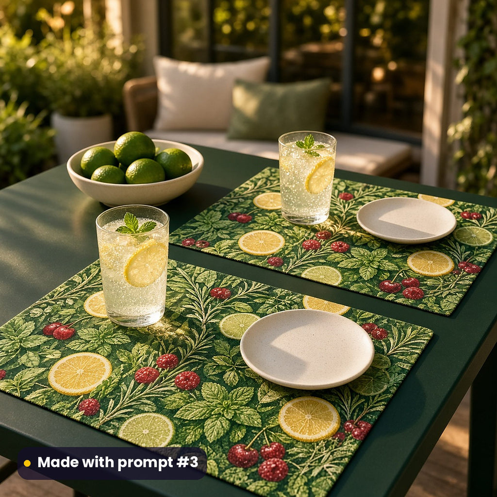 Two placemats printed with mint, rosemary, citrus wheels and berries on deep green, set with sparkling lemonade and a bowl of limes in evening light, made with prompt #3