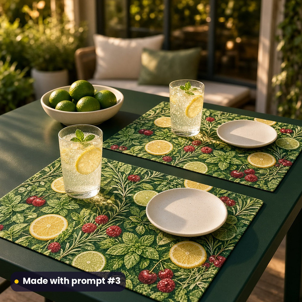 Two placemats printed with mint, rosemary, citrus wheels and berries on deep green, set with sparkling lemonade and a bowl of limes in evening light, made with prompt #3