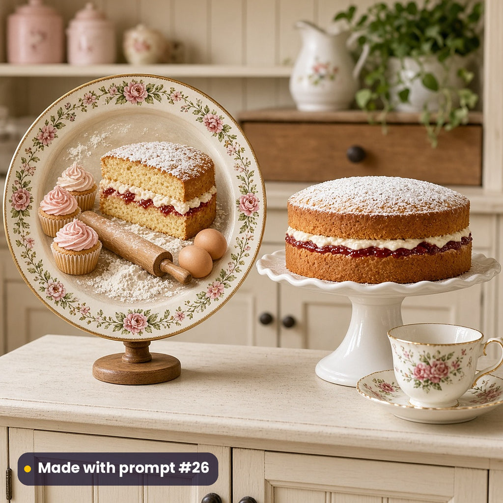 Round plate painted with a sponge cake, cupcakes, rolling pin, eggs and flour, on a stand on a cream dresser beside a Victoria sponge and teacup, made with prompt #26