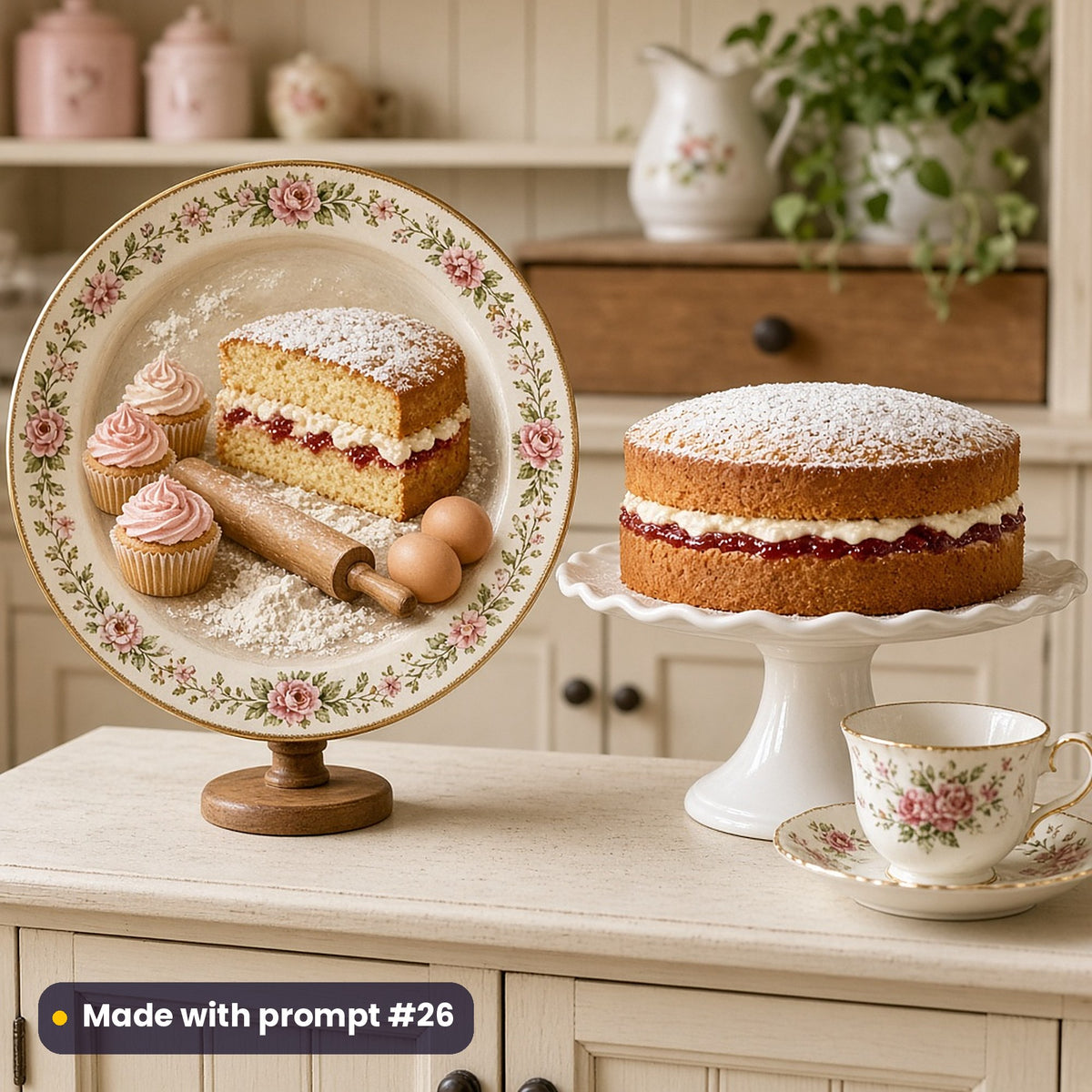 Round plate painted with a sponge cake, cupcakes, rolling pin, eggs and flour, on a stand on a cream dresser beside a Victoria sponge and teacup, made with prompt #26