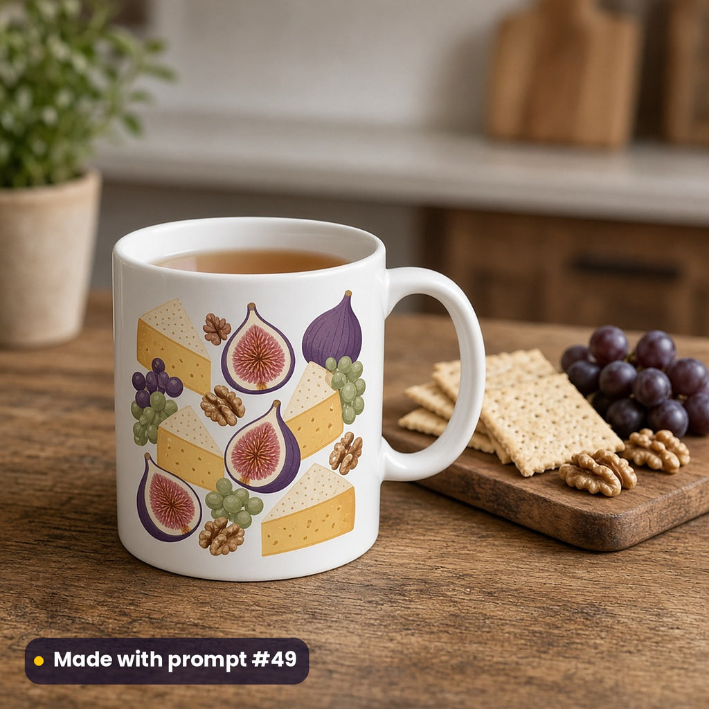 White mug with a premium vector design of cheese wedges, figs, grapes and walnuts, holding tea beside crackers and grapes on a wooden counter, made with prompt #49