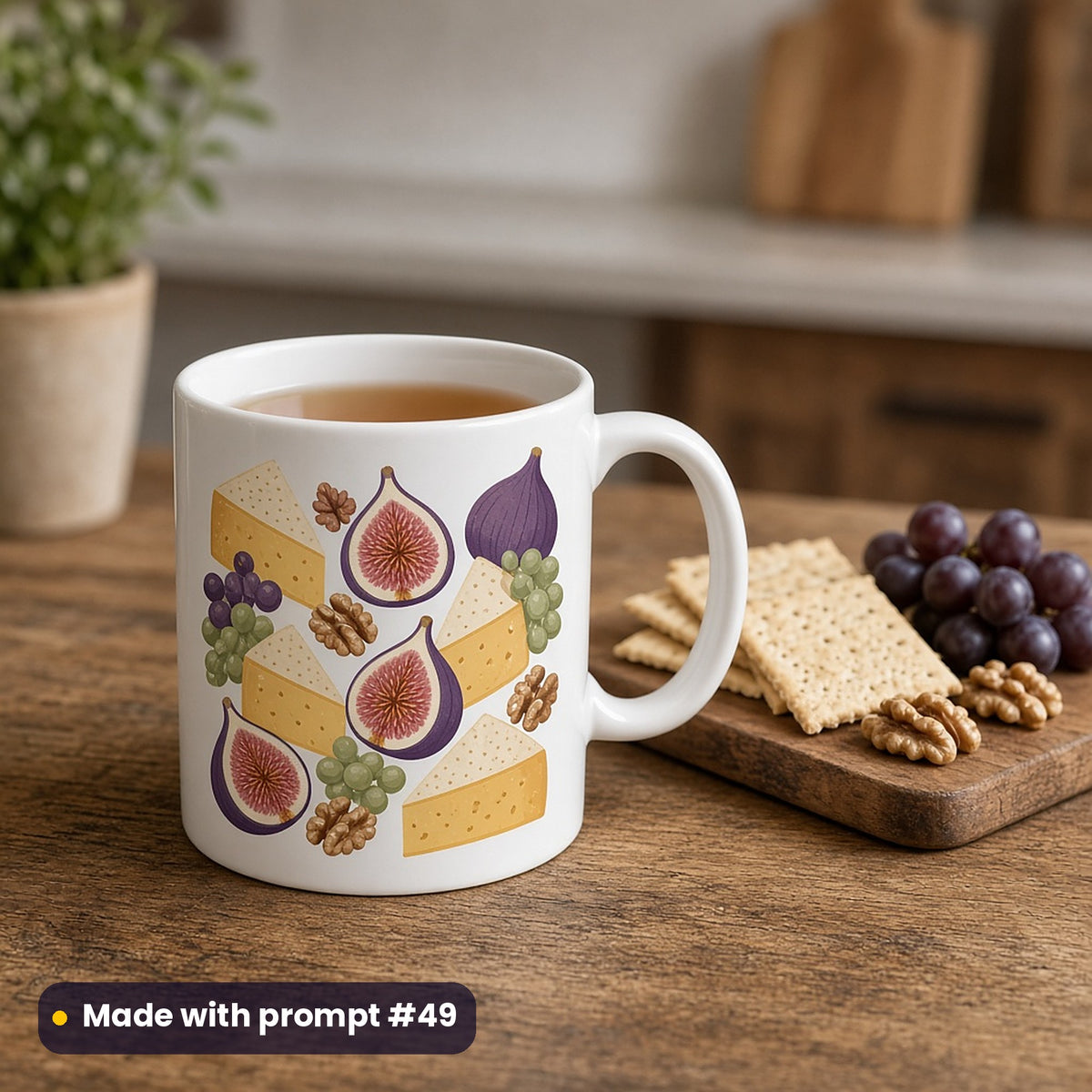 White mug with a premium vector design of cheese wedges, figs, grapes and walnuts, holding tea beside crackers and grapes on a wooden counter, made with prompt #49
