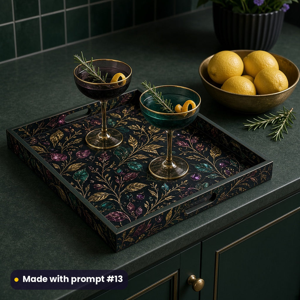 Tray printed with dark luxury jewel-toned leaves and gold on near-black, holding two garnished coupe glasses on a dark green kitchen counter, made with prompt #13
