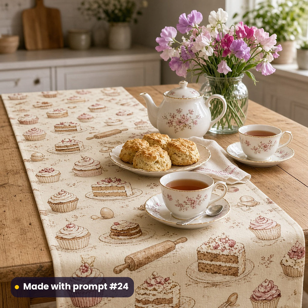 Table runner printed with cakes, cupcakes, rolling pins and eggs on cream, on a pine table set for afternoon tea with scones and sweet peas, made with prompt #24