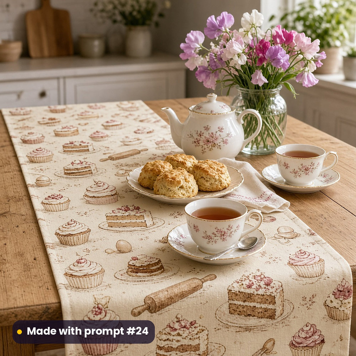 Table runner printed with cakes, cupcakes, rolling pins and eggs on cream, on a pine table set for afternoon tea with scones and sweet peas, made with prompt #24