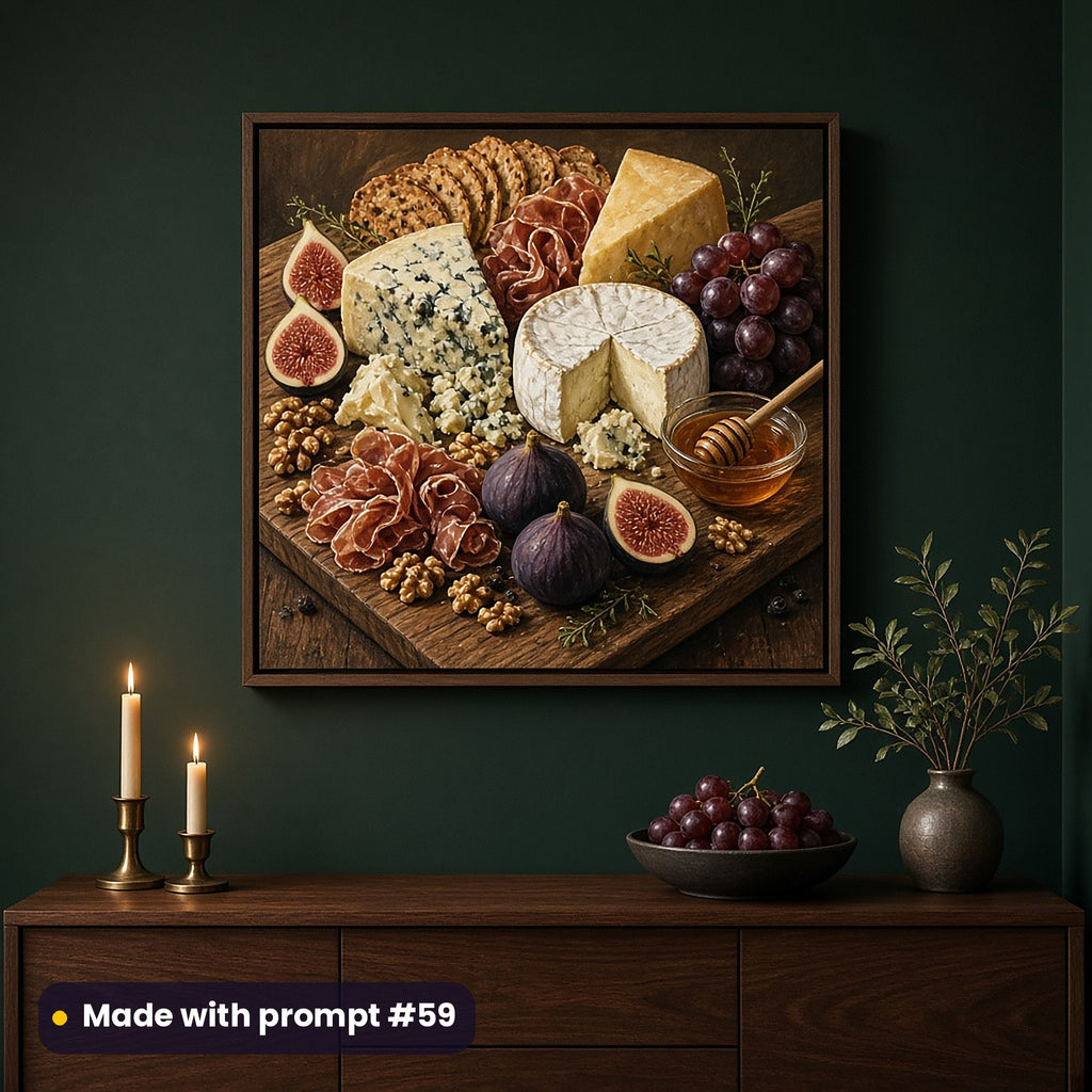 Wall art of a full scenic cheese and charcuterie still life with figs, grapes and honey, on a deep green dining-room wall above a walnut sideboard, made with prompt #59