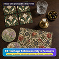 Heritage style tableware on a dark wood table: square coasters printed with black and gold Art Deco geometry, round coasters printed with flowing Art Nouveau botanicals, and a placemat printed with an Arts and Crafts garden pattern of leaves, flowers and birds, made with prompt #1 + #22 + #43