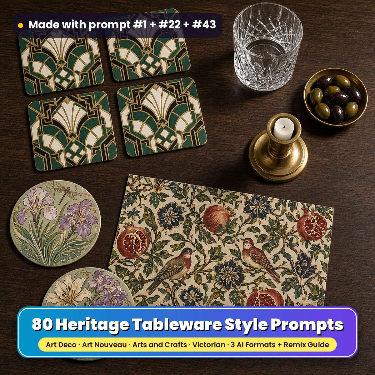 Heritage style tableware on a dark wood table: square coasters printed with black and gold Art Deco geometry, round coasters printed with flowing Art Nouveau botanicals, and a placemat printed with an Arts and Crafts garden pattern of leaves, flowers and birds, made with prompt #1 + #22 + #43