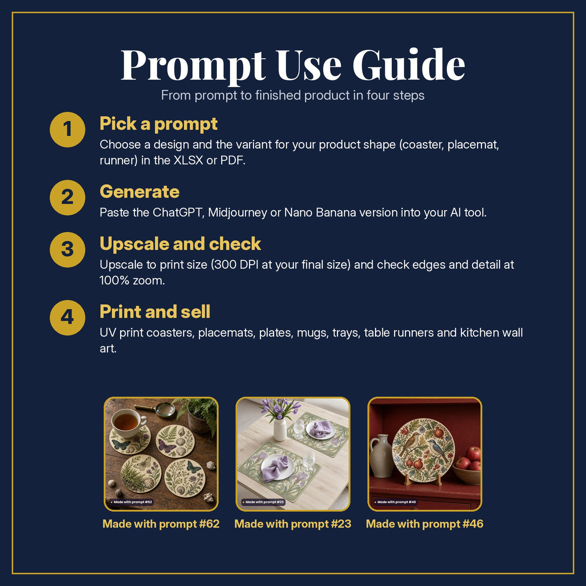 Prompt Use Guide in four steps: pick a prompt, generate, upscale and check, print and sell, with example products made with prompt #62, prompt #23, prompt #46
