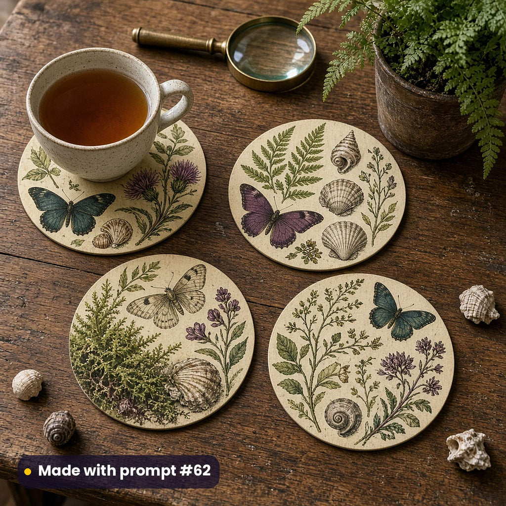 Four round coasters printed with Victorian naturalist studies of ferns, shells, beetles and specimens, on a mahogany table with a cup of tea, made with prompt #62