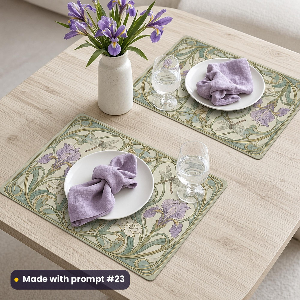 Two placemats printed with flowing Art Nouveau lilies, irises and whiplash curves, set with china plates on a dining table, made with prompt #23