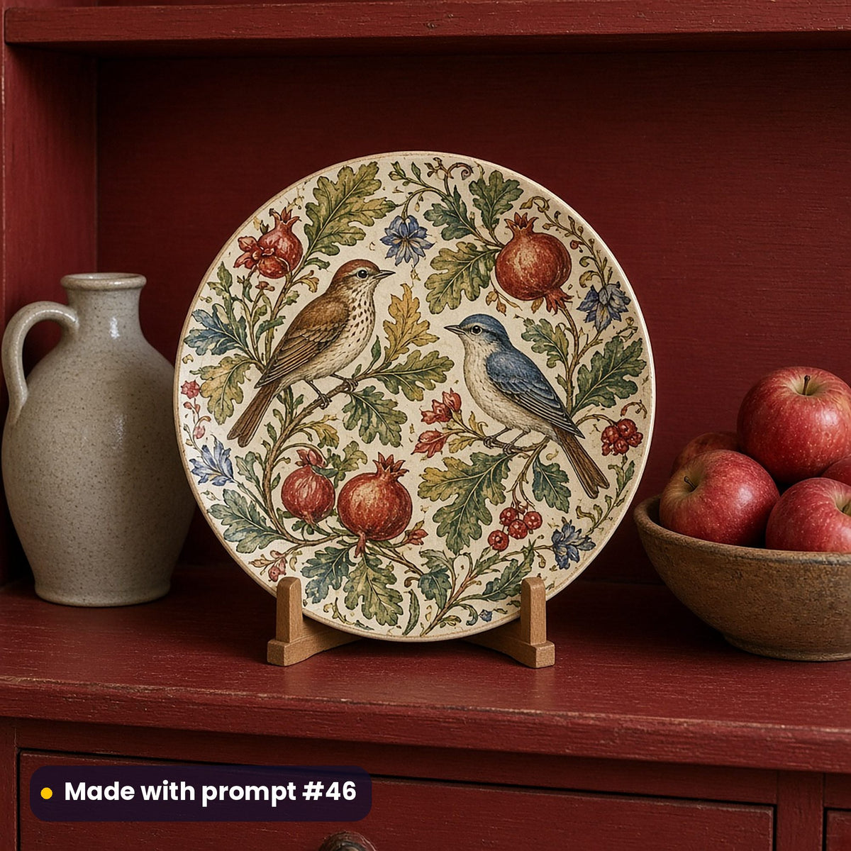 Round plate painted with an Arts and Crafts garden pattern of twining leaves, flowers and birds, on a stand on an oak dresser, made with prompt #46