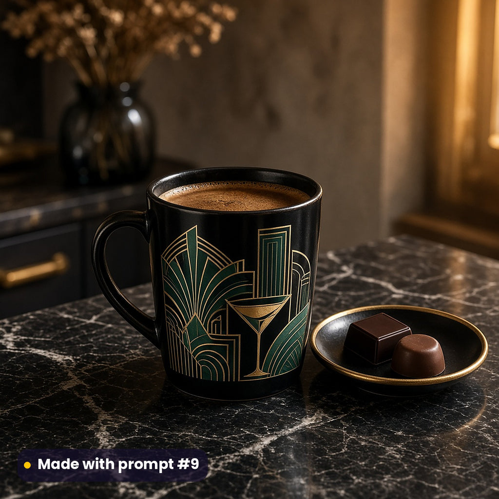 Black mug with a premium vector Art Deco fan and sunburst pattern in gold, on a marble kitchen counter, made with prompt #9