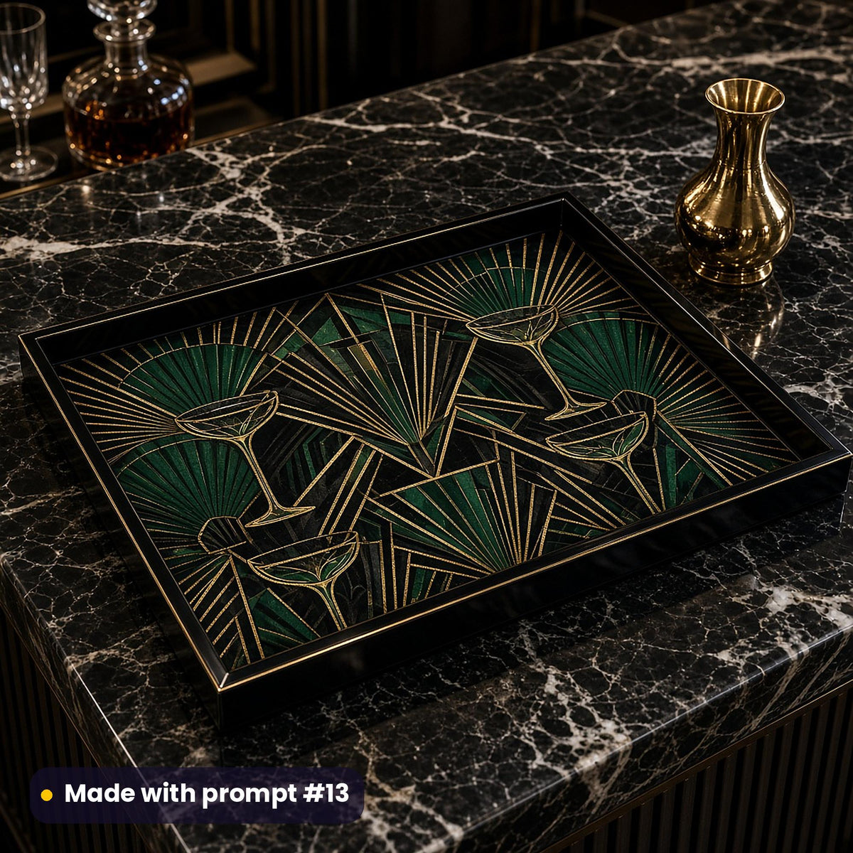 Tray printed with dark luxury Art Deco geometry in black and gold, on a dark dining-room sideboard, made with prompt #13