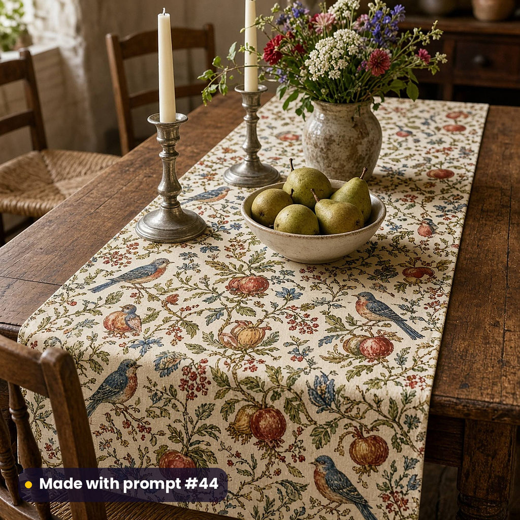 Table runner printed with an Arts and Crafts garden pattern of leaves, flowers and birds, on a farmhouse dining table, made with prompt #44