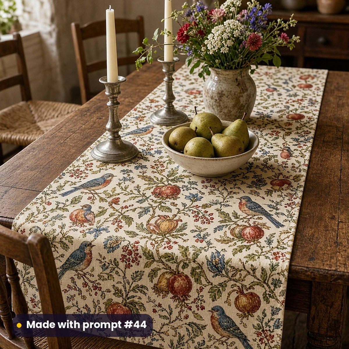 Table runner printed with an Arts and Crafts garden pattern of leaves, flowers and birds, on a farmhouse dining table, made with prompt #44